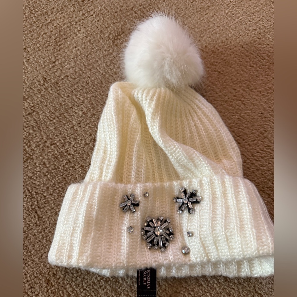 White Knit Beanie with Pom and Embellishments